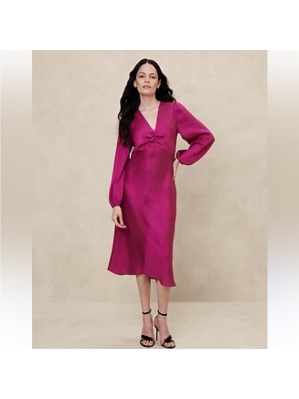 Banana Republic Satin Column Midi Dress Size 12 Berry Long Sleeve Cocktail